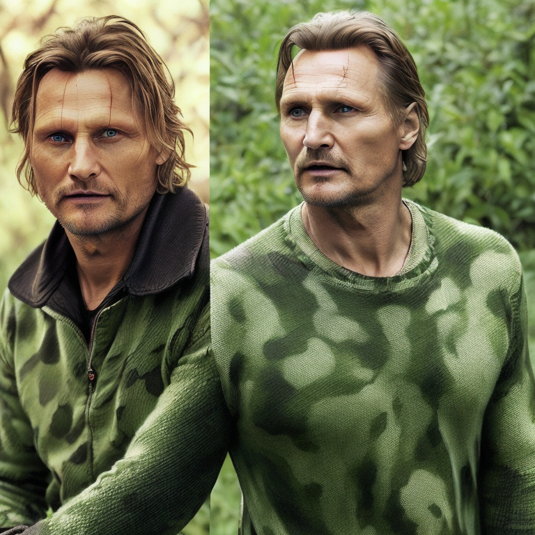 viggo mortensen or liam neeson are transmultiversal strangers | irresistably vivid biomimetic camouflage chatting in the shiny cyborg cat rave cave | bling bling | in the style of skeletor | in the style of norman rockwell   --faceor2