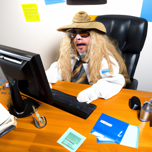 Dog the bounty hunter aka dog the bug bounty hunter working at a computer on a desk dressed as a software engineer
