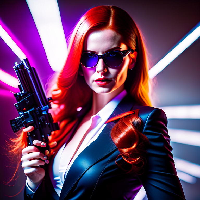 A young woman with an evil smile, long auburn hair; wearing a black suit!, a white dress shirt with no tie and black sunglasses pointing a gun.  --fp1k-beauty