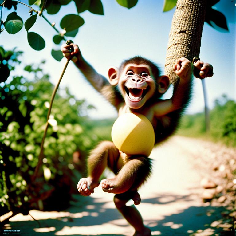 Smile monkey a cartoon monkey with a big smile holding a banana in one hand and swinging from a tree branch with the other --fp1k