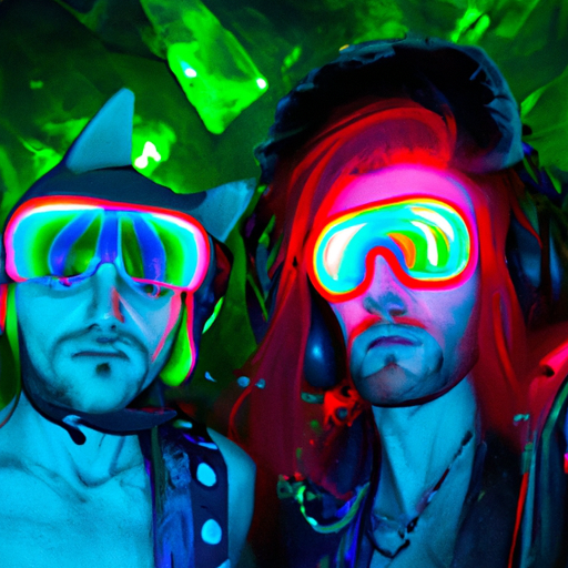  iridescent jared leto and bioluminescent jared leto  and vivid biomimetic jared leto wear personal protective equipment  at an internet surfing cat rave cave --dalle
