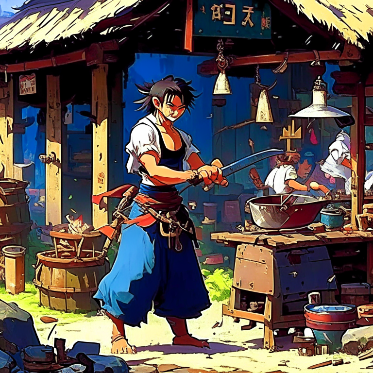 Village blacksmith hammering a sword --anim