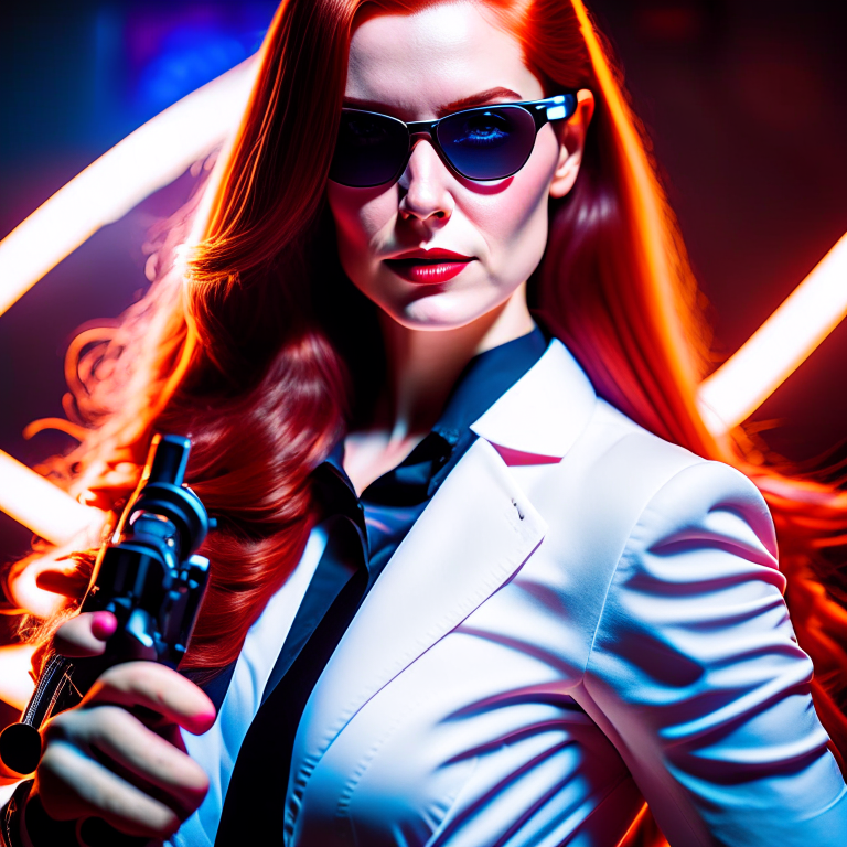A young woman with an evil smile, long auburn hair; wearing a black suit!, a white dress shirt with no tie and black sunglasses pointing a gun.  --fp1k-beauty