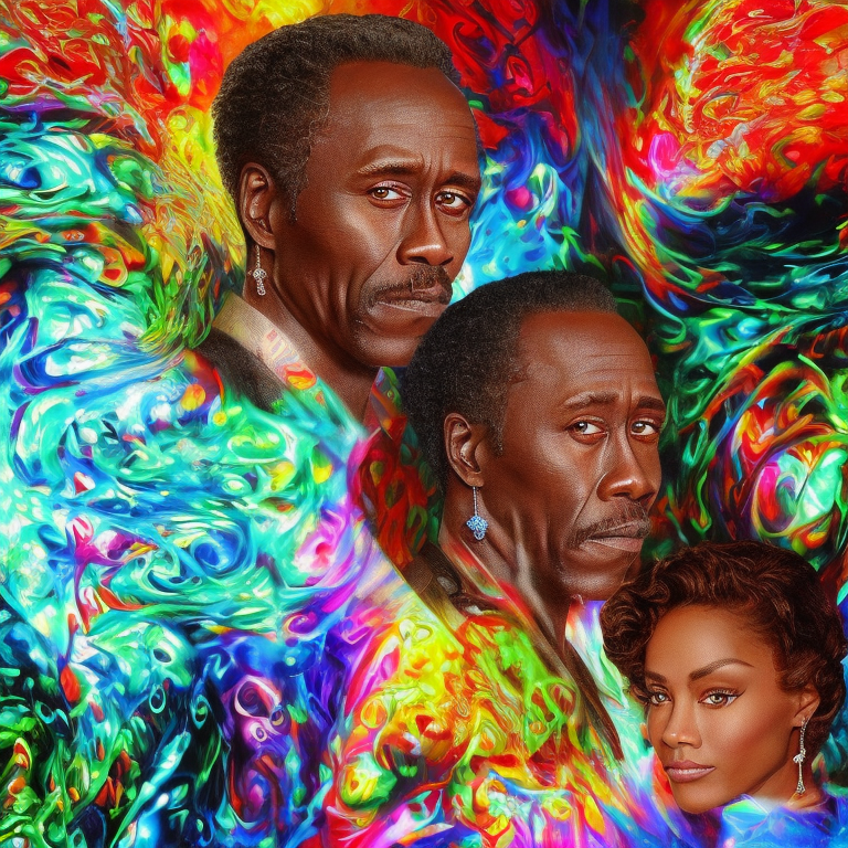 An ominous conspiracy of don cheadle or ryan seacrest surfs on the pasta water cove | more florid than vivid | more vivid than lurid | in the style of sam gilliam --faceor2