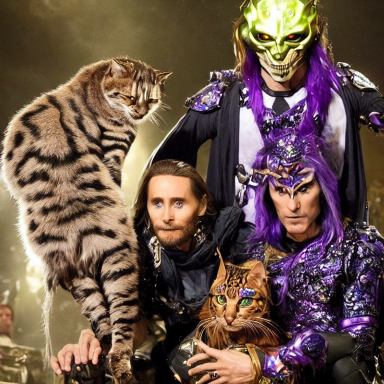 jared leto or liam neeson are transmultiversal strangers | irresistably vivid biomimetically pigmented camouflage chatting in the shiny cyborg cat rave cave | bling bling | in the style of skeletor | in the style of norman rockwell     --lackliner