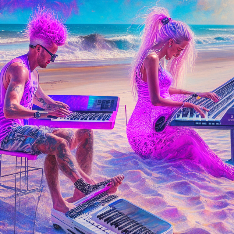 A man and a woman playing keytars on a beach.