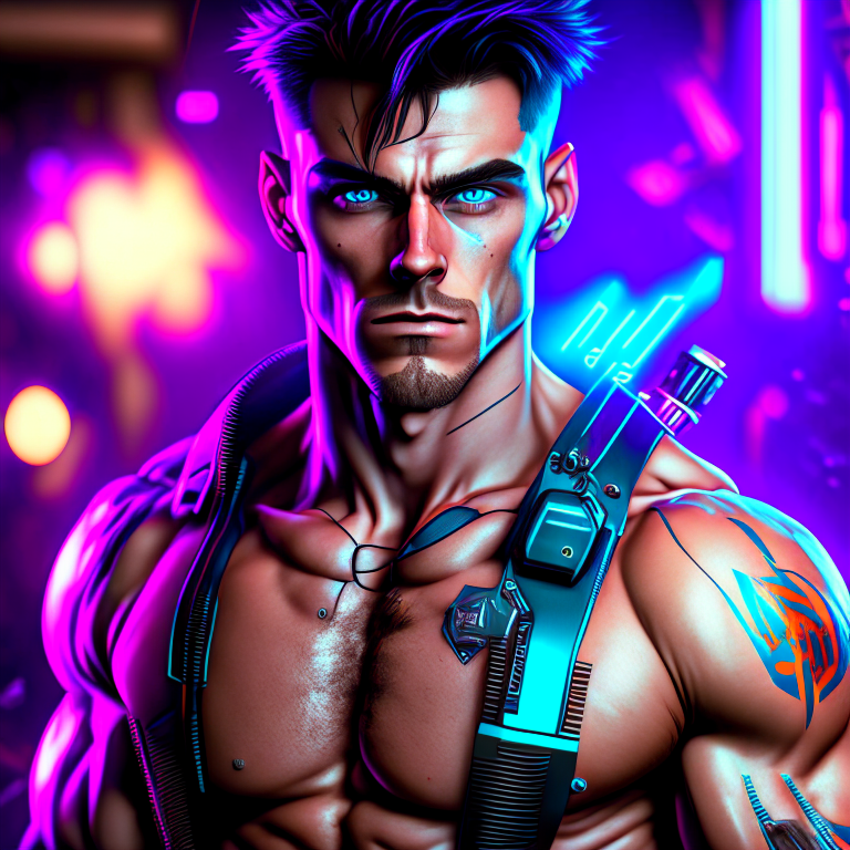 Jimmy Thrillwell, a badass handsome musician with short brown hair blue eyes and muscular body who creates high energy rock with cyberpunk technology --synth