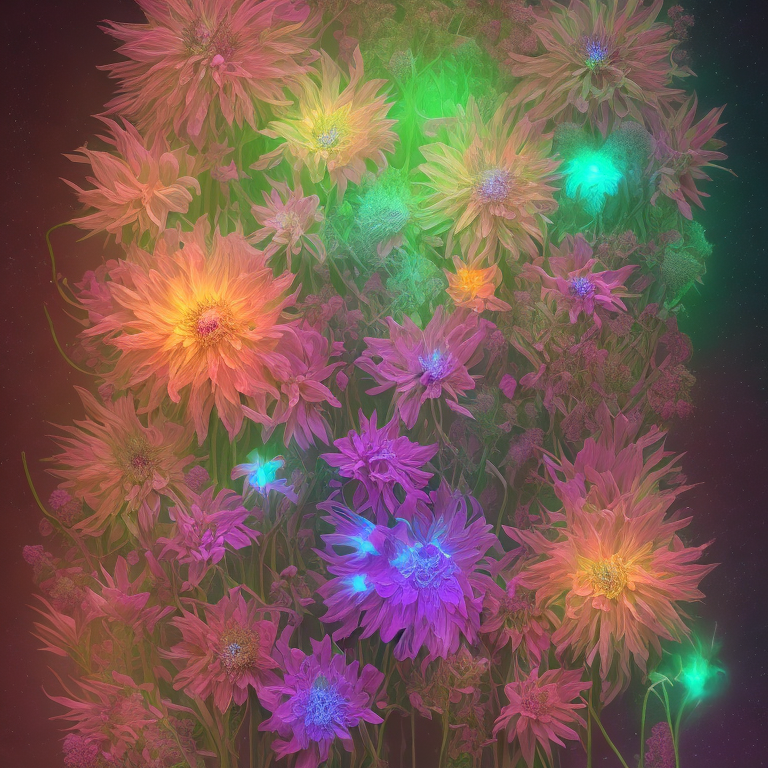 Garden of bioluminescent twinkling dahlias with bright neon colors contrasted with a dark background --glibber  