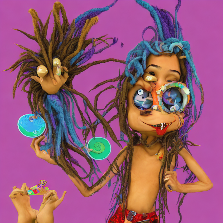 CaliGetsBaked a colorful cartoon character holding a rolling tray and sporting dreadlocks and showing love --dream-love --dream-reality