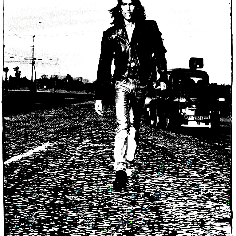 A black and white photocopied image of a man wearing a leather jacket made of alligator hide walking along a highway. A python is coiled at his feet. A semi has jack knifed in the background and is on fire. --myface