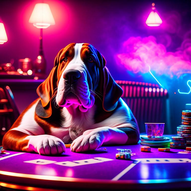 A fat basset hound wearing a  spiked collar sitting at a poker table with a cigar in his mouth --fp1k-beauty  