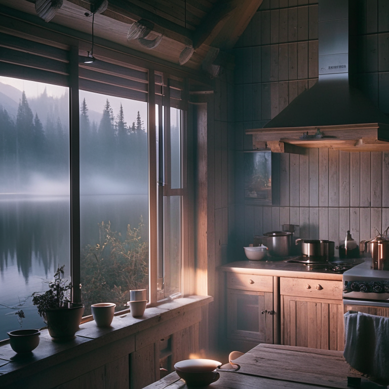 rustic cabin, dim lamp lighting the tiny kitchen, making coffee, early dawn light, fog rolling in over the lake, lake view --fp1k 