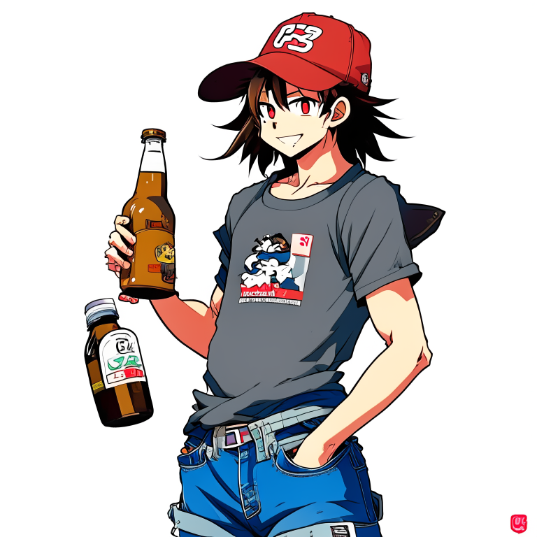 A young man with long shoulder-length brown hair, wearing a black trucker hat, a grey t-shirt, and dirty jeans, holding a beer in his hand. --anim  