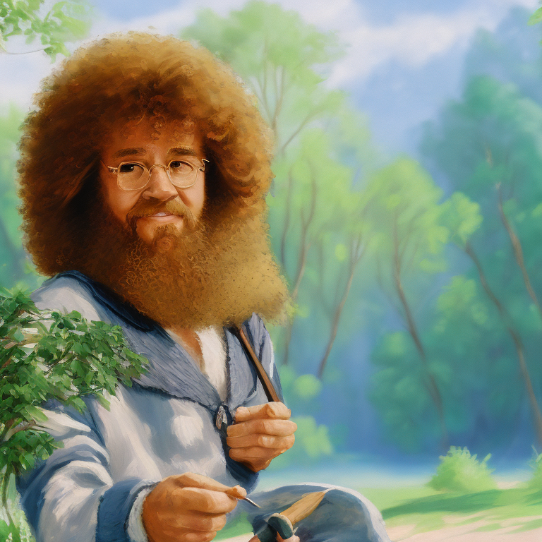 Bob Ross on vacation painting a funny little tree  --vacation