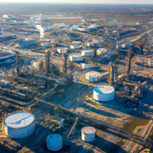 Oil and gas refinery in the USA Birds Eye view of entire complex including storage tanks, pipe racks, and towers --work