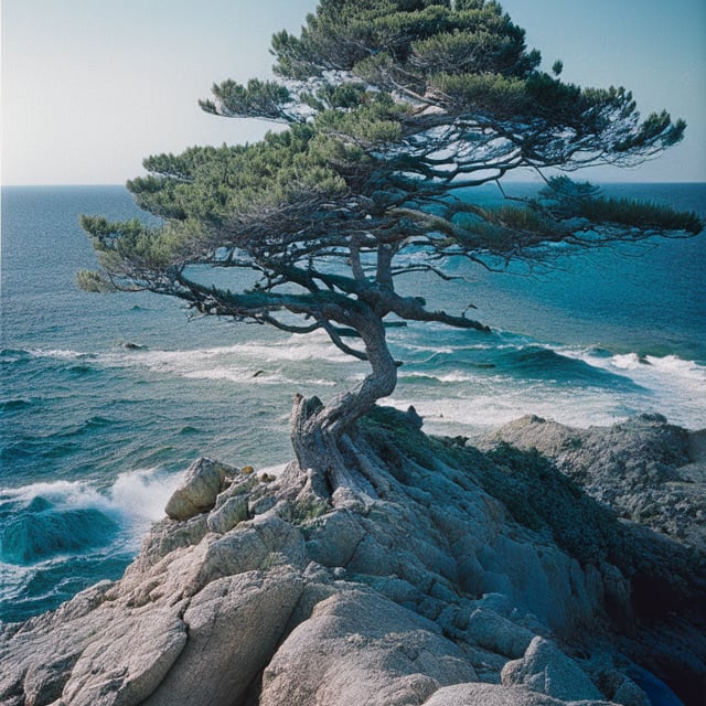 Monterey cypress tree on the edge of a cliff, standing tall and proud against the crashing waves below. its roots cling tightly to the rocky terrain as it reaches towards the ocean