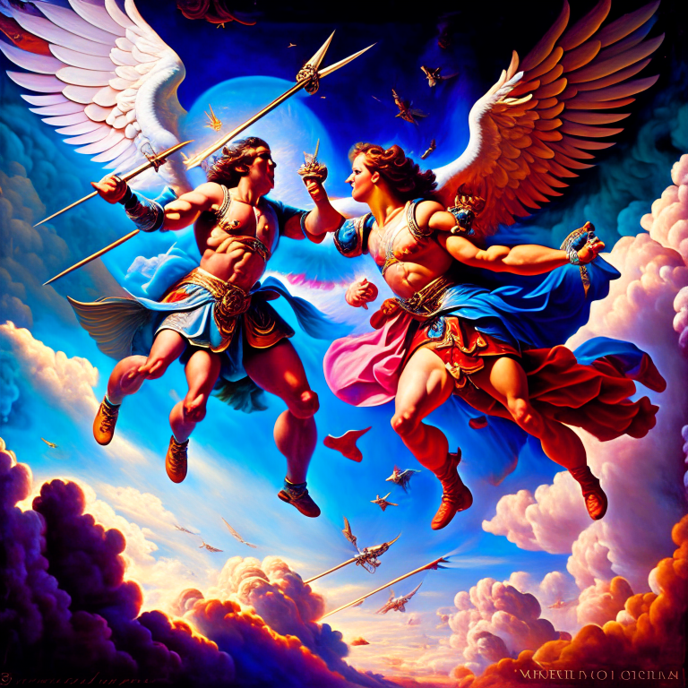 Micheal the arc angel fighting lucifer in heaven, depicted in a grandiose oil painting with vivid colors and intricate details of their armor and weapons. the scene shows the two powerful beings locked in a fierce battle, surrounded by clouds and light, with other angels watching from a distance --fp1k