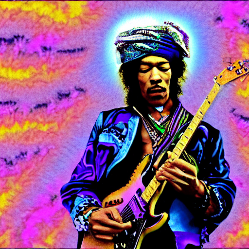 Jimi Hendrix  playing guitar with bandana around his head, in heaven,  in an atmosphere of a purple haze