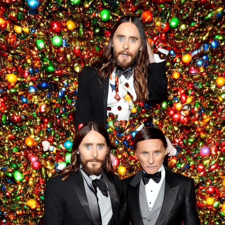 jared leto or liam neeson are transmultiversal strangers | irresistably vivid biomimetically pigmented camouflage chatting in the shiny cyborg cat rave cave | bling bling  | in the style of norman rockwell  --lackliner
