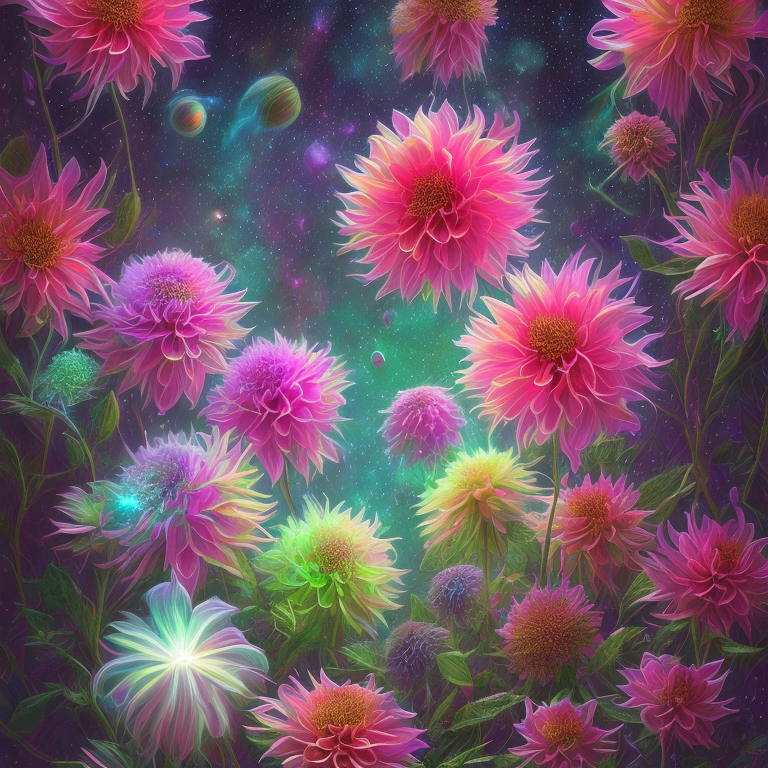 Garden of bioluminescent twinkling dahlias with bright neon colors contrasted with a dark background --glibber  