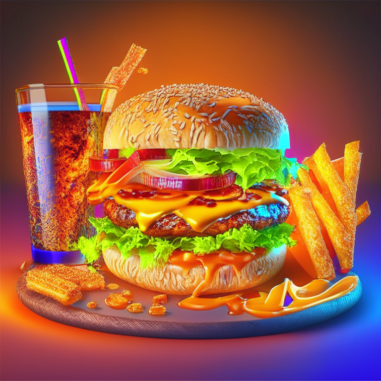 flame broiled burger with melted cheddar cheese, crispy bacon, lettuce, tomato, and a toasted sesame seed bun. served with a side of golden fries and a cold soda, photorealistic render