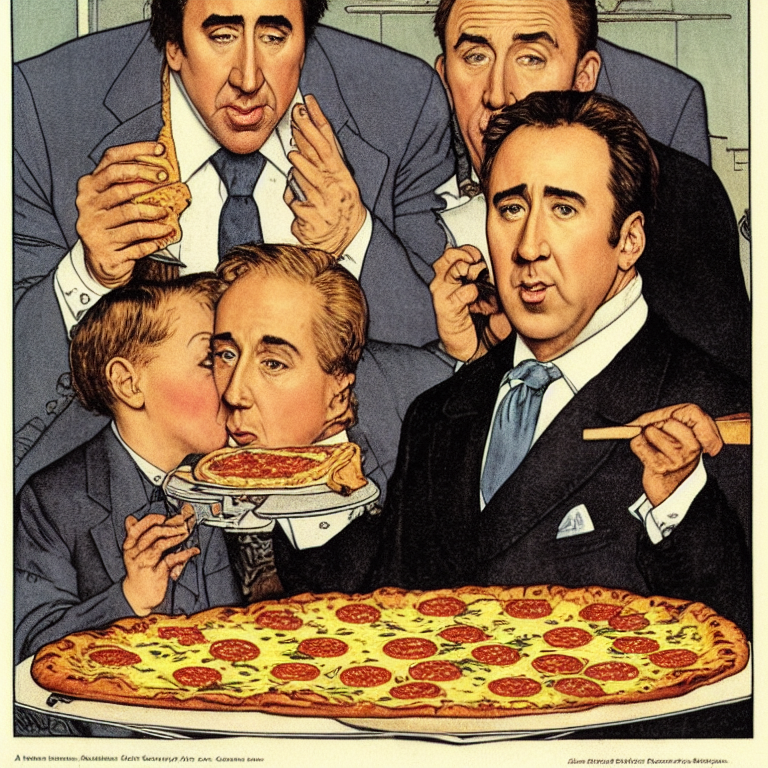nicolas cage only considers four dimensional pizza pies | in the style of norman rockwell