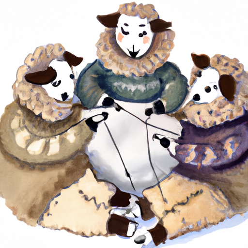 three sheep knitting a sweater out of their own fur