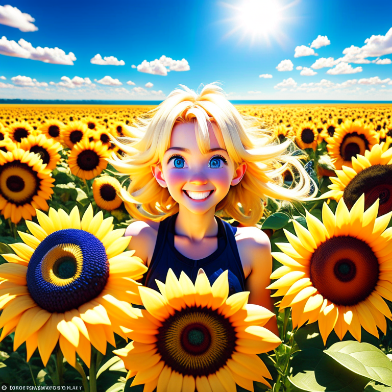 anime naruto himauari himawari, daughter of naruto and hinata, with a gentle smile and bright blonde hair, standing in a field of sunflowers --fp1k