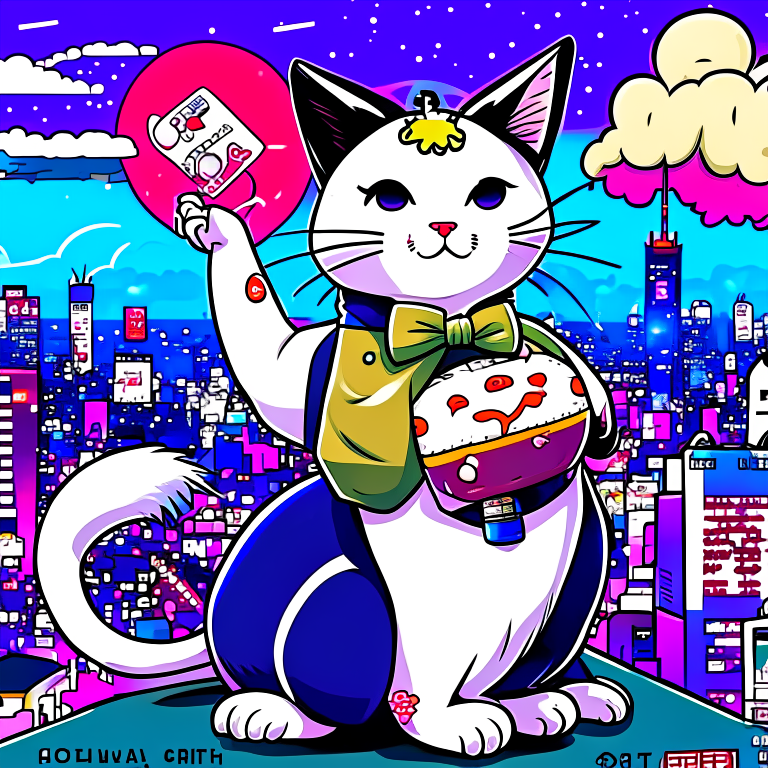 a kawaii cat wearing a bowtie and holding a sushi roll in front of a tokyo skyline at night --anim