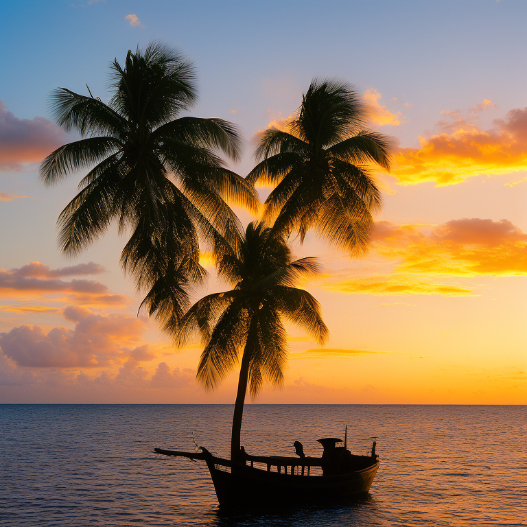 Maldivian sunset over the ocean, with palm trees silhouetted against the sky and a traditional boat in the foreground
