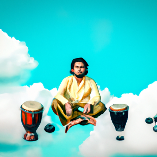 playing tabla on air, a musician sitting cross-legged on a colorful rug, tapping out intricate rhythms on a pair of small drums with focused intensity while surrounded by floating clouds and a bright blue sky --devlok