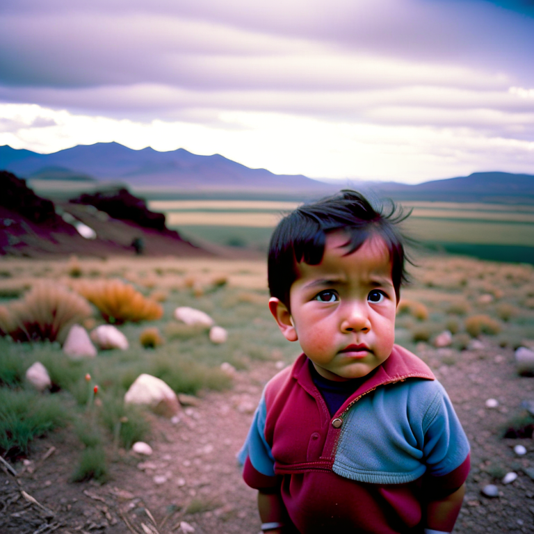 Una fotografía de un niño peruano con una mirada triste y hambrienta. En el fondo, se ve un paisaje rural desolado. --fp1k 