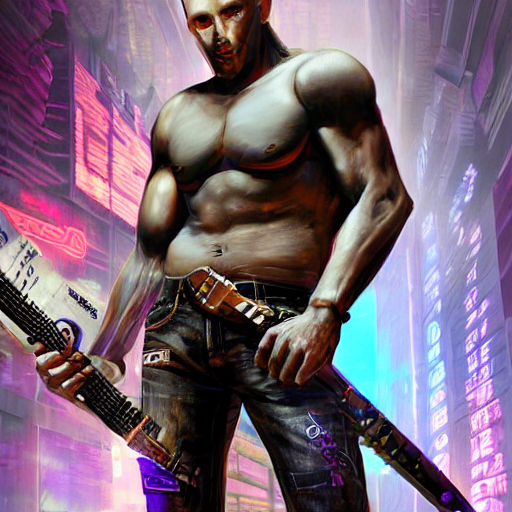 Jimmy Thrillwell, a badass handsome musician with short brown hair blue eyes and muscular body who creates high energy rock with cyberpunk technology  --dream  