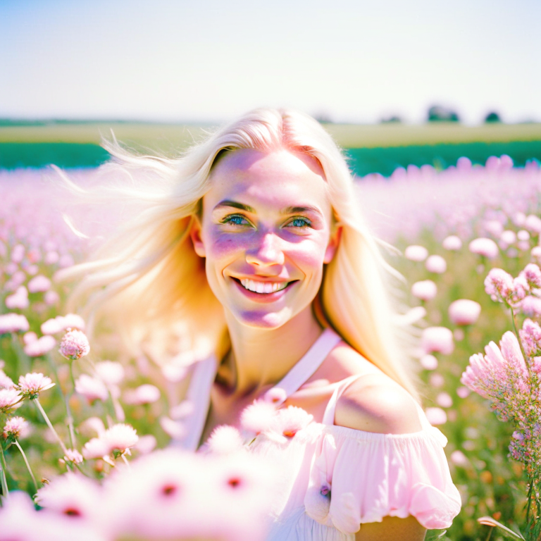 White Girlportrait of a white girl with blonde hair, blue eyes, and a gentle smile, wearing a light pink dress and standing in a field of wildflowers on a sunny day --fp1k
