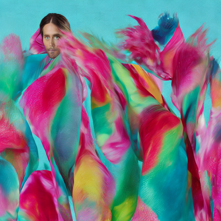 vivid biomimetic colors on the whole team's sweatsuits of jared leto's face  --facing