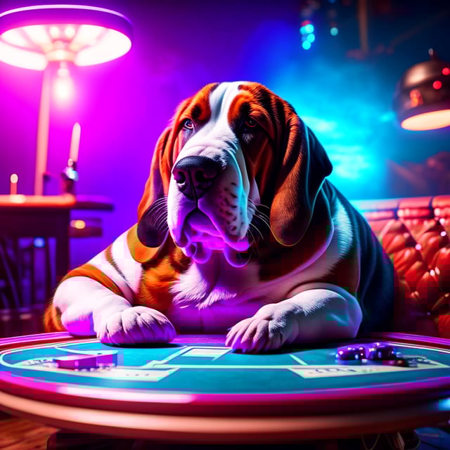 A fat basset hound wearing a  spiked collar sitting at a poker table with a cigar in his mouth --fp1k-beauty  