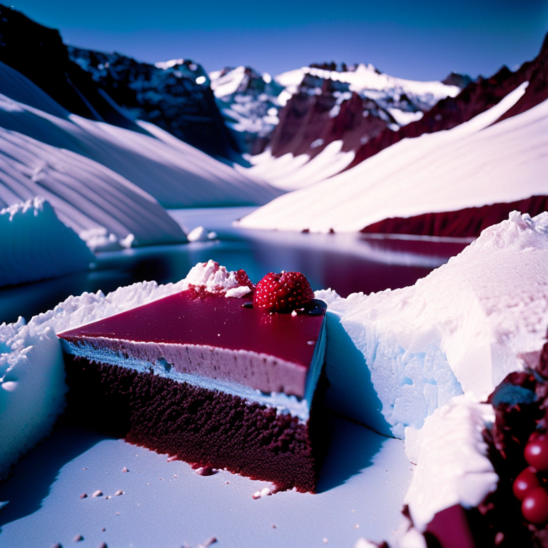 A giant glacier is actually chocolate cake with icing on top and a cherry  --fp1k