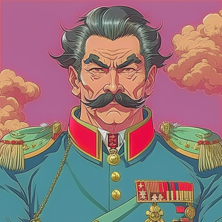 A dictator that looks like Stalin, complete with thick mustache and stern expression --anim