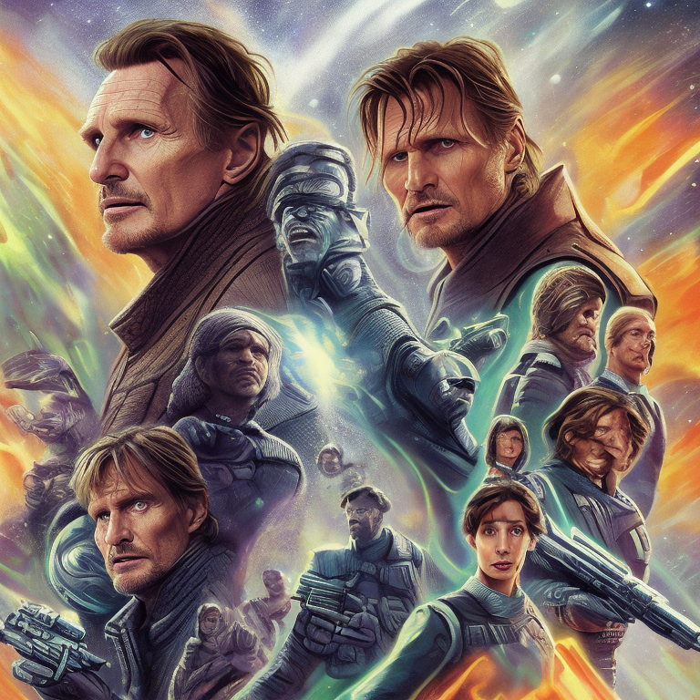 liam neeson or viggo mortensen is facing a cosmic challenge | in the style of jack kirby        