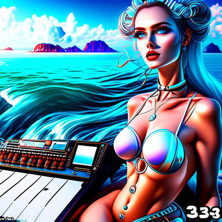 3d 32k ultra hd cinematic nice lady most alluring siting on ocean --synth