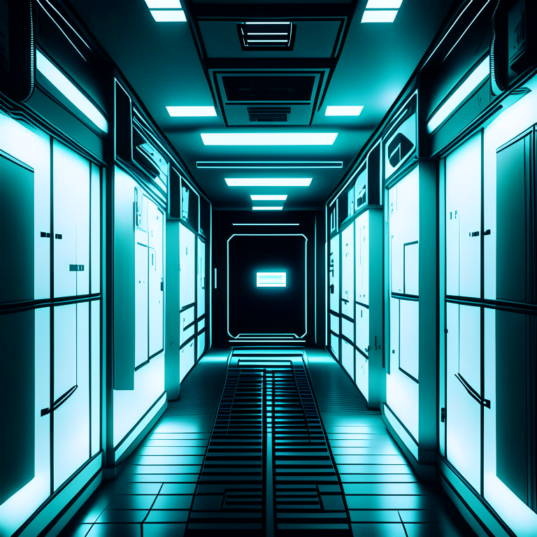 The inside of Area 51. Smooth white glowing hallways with alien writing and glowing black screens.  --synth
