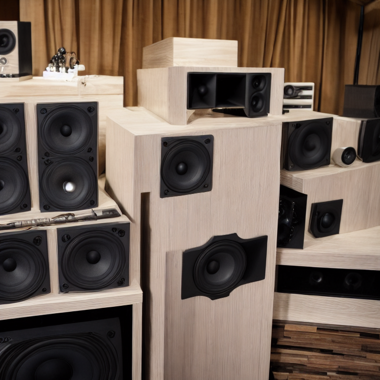 Impeccable audiophile equipment, silver analog amplifiers neatly stacked on a modern bookshelf flanked by large speaker boxes made of wood and black vinyl 