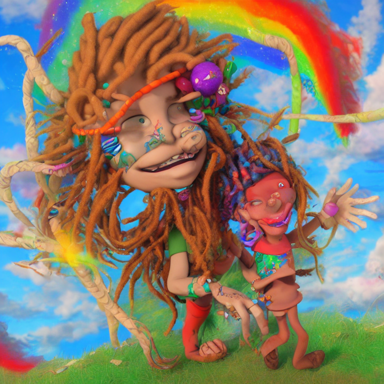 CaliGetsBaked a colorful and friendly cartoon character holding a joint and sporting dreadlocks and showing love --dream-love --dream-reality 