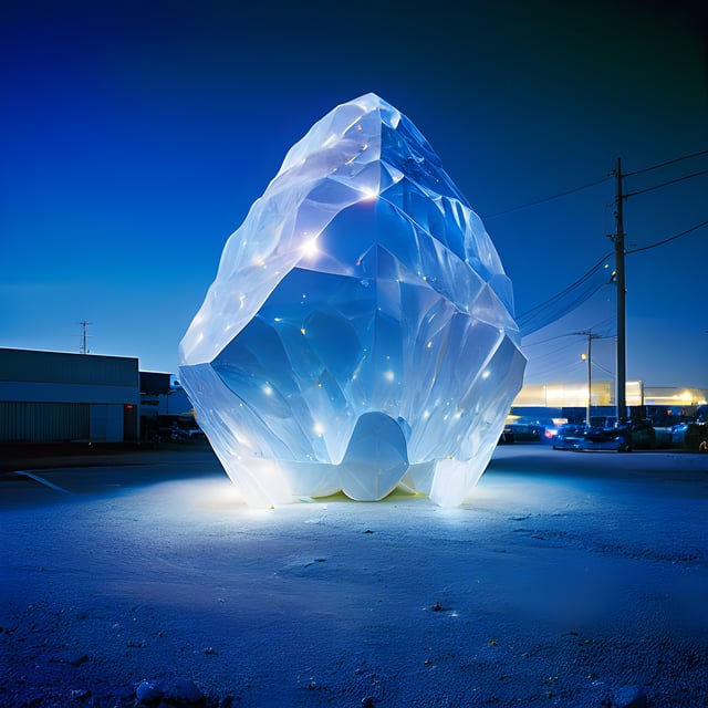 giant crystal the size of a boulder, glowing with white light outside of costco in la mesa