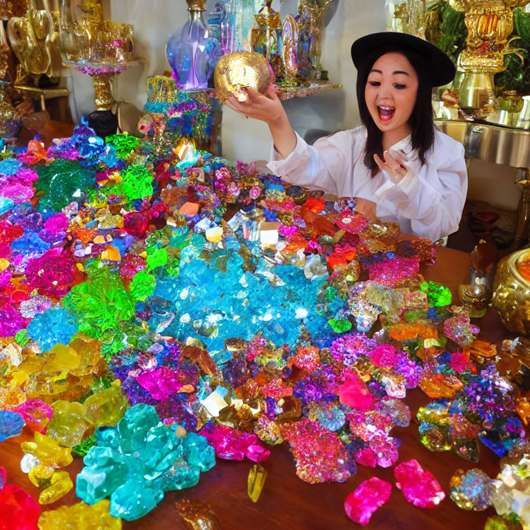 Clever cat tries to sell her opulent table full of neon crystals but it’s a trick  --glibber