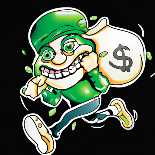 (bank robber character: money bag running with money spilling out his head) is a japanese mascot. mascot model, villian, greedy, full body mascot, nike ad sports mascot, cereal mascot, color anthropomorphic, football mascot, hd textures, dancing character. --auto --dalle