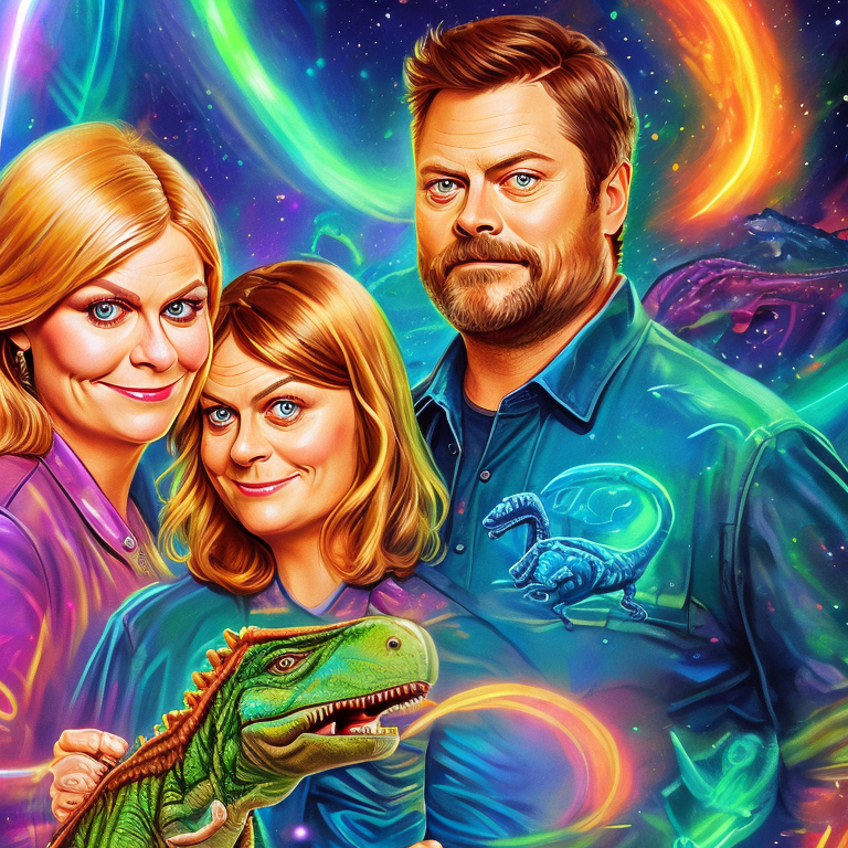 Nick Offerman and Amy Poehler riding a dinosaur through the neon galaxy --vacation     