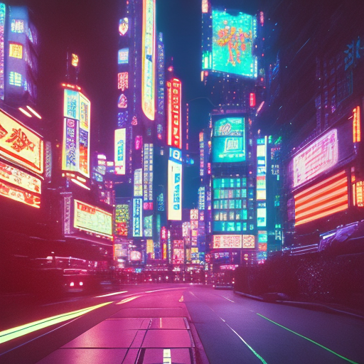 Futuristic Tokyo glowing with neon light, towering skyscrapers with holographic ads