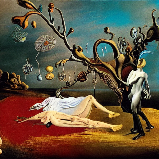 Persistence of memory by Salvador Dali but with melting clocks made out of autumn foliage while in the presence of Francisco Goya’s painting the witches’ flight --dream  
