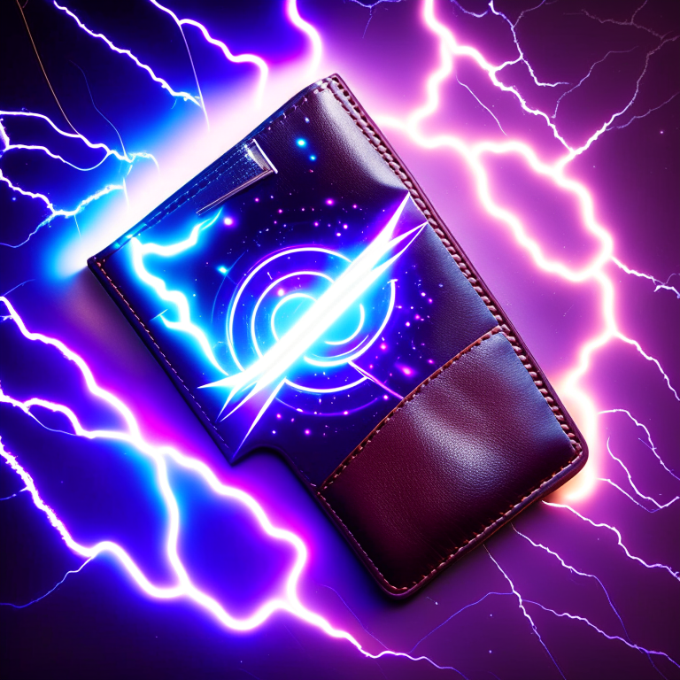 A futuristic ID badge depicting a lightning bolt and spiral galaxy in a leather wallet. --fp1k-beauty            